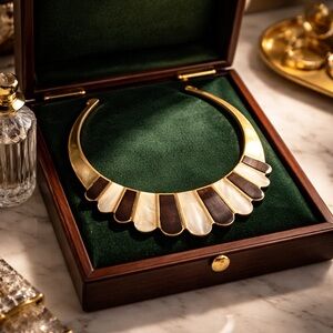 Vintage Gold Tone With Black and White Enameled Collar Necklace